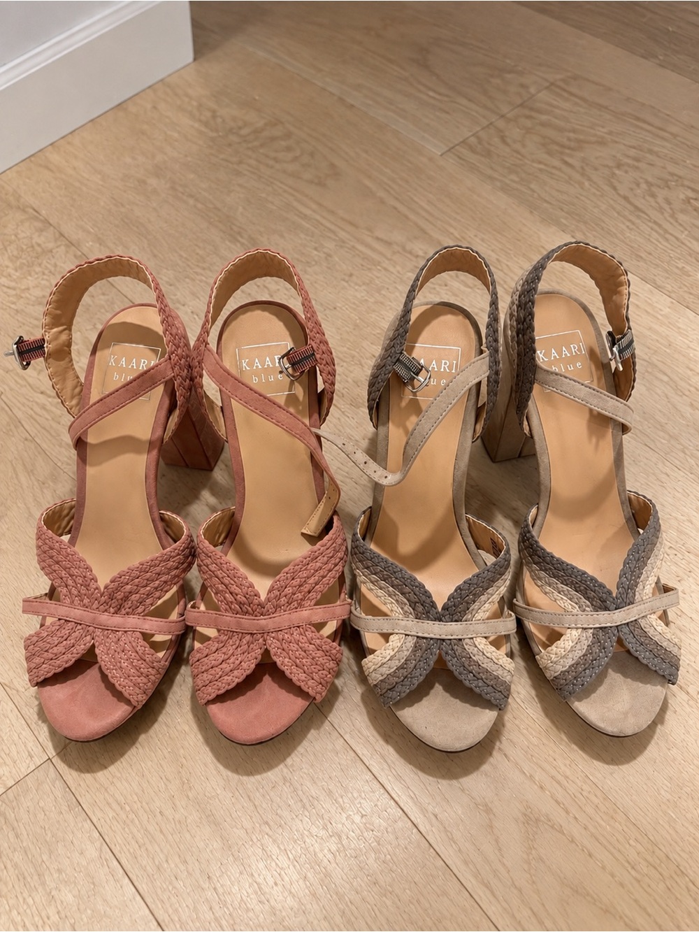 Two Kaari Blue Braided Block Heel Sandals in Dusty Rose and Taupe